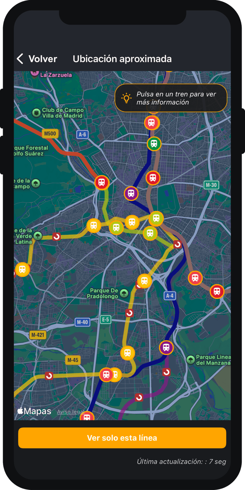 Mapa en vivo con trenes y autobuses de MoviMadrid